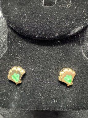Gold Plated Shell Earrings With Green Heart Design Petite Size 2 Grams